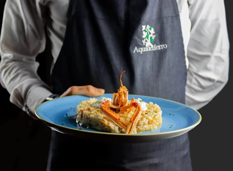 In the picture, a close-up of a waiter's hands holding a plate of shellfish risotto, served at the Aquadelferro Restaurant of the Hotel Santa Caterina. The waiter's gray apron features the restaurant's logo.